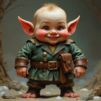 3D rendered image of a smiling baby elf character with pointed ears, wearing a green adventurer's outfit with leather accessories, set in a mystical environment.