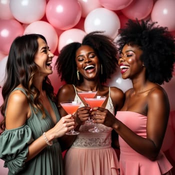 Three beautiful women of different ethnicities laughing and toasting with cocktails against a backdrop of pink and white balloons at a celebration.