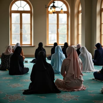Group of Muslim women in colorful hijabs praying together on ornate carpet in a mosque with arched windows, showcasing unity and devotion in Islamic worship.