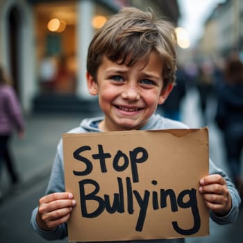 Smiling young boy with freckles holding a cardboard sign with 'Stop Bullying' message in an urban setting, promoting anti bullying awareness.