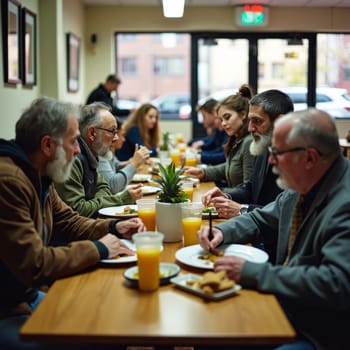 Multi generational group of people enjoying a meal together at a long table, with orange juice and food, in a bright community space.