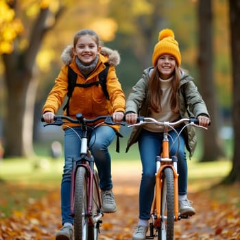 Two cheerful girls riding bicycles on a path through a colorful autumn park, wearing warm clothing and enjoying outdoor activities together.