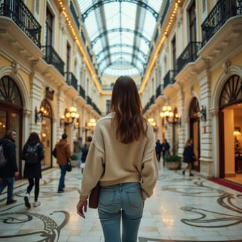 Rear view of young woman in sweater and jeans walking through ornate shopping arcade with glass ceiling and illuminated storefronts, capturing urban lifestyle.