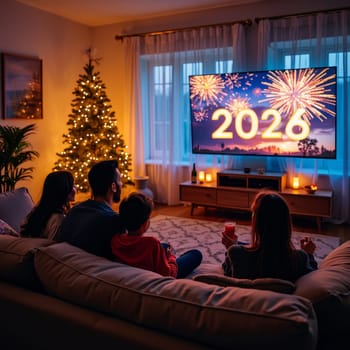 A family cozily watches New Year fireworks on TV, surrounded by holiday decor and a lit Christmas tree.