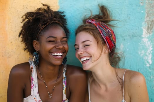 Two friends share a joyful laugh against a vibrant, colorful wall, capturing a moment of happiness and connection.