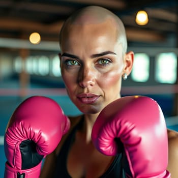 A determined woman with boxing gloves symbolizes strength and resilience in the fight against cancer.