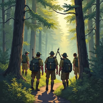 Group of park rangers walking on trail through lush green forest with sunlight filtering through trees, creating a mystical atmosphere.