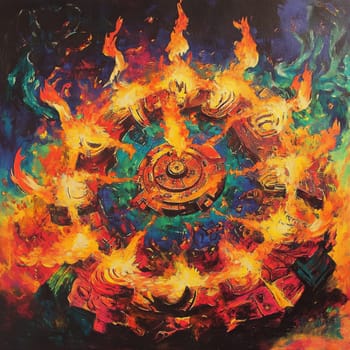 An abstract artwork depicting a fiery circular composition with vibrant colors and dynamic flames.