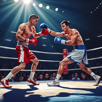 Two skilled boxers engage in an intense fight under bright arena lights, showcasing strength and athleticism.