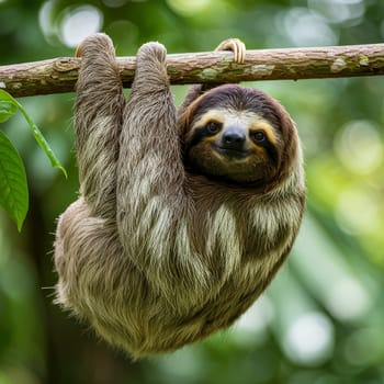 Close up of a smiling three toed sloth hanging upside down from a tree branch in a lush rainforest setting, showcasing its unique adaptations and charming appearance.