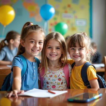Three smiling elementary school girls standing together in a colorful classroom with balloons and world map, representing friendship and education.