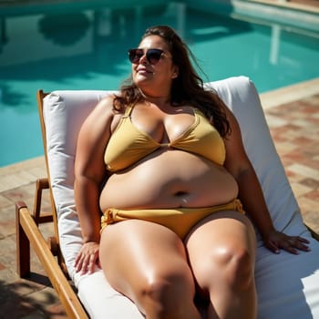 Confident plus size woman in yellow bikini relaxing on lounge chair by pool, wearing sunglasses and enjoying sunny day, body positivity concept.