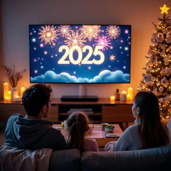 Family watching New Year 2025 fireworks display on TV, surrounded by festive decorations and candles, creating a cozy holiday atmosphere at home.