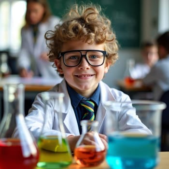 Smiling curly haired boy wearing glasses and lab coat, surrounded by colorful chemistry experiments in school classroom, showcasing enthusiasm for science education.