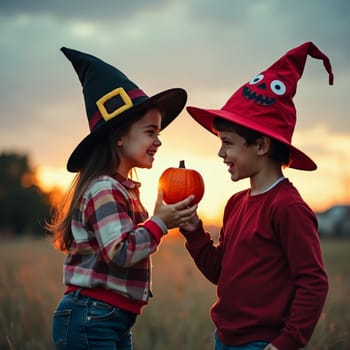 Two smiling children in witch and wizard hats holding a pumpkin together at sunset, capturing the joy and excitement of Halloween trick or treating.
