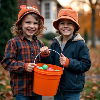 Two smiling children in orange hats holding a bucket filled with colorful candy, ready for trick or treating on an autumn day in a residential neighborhood.