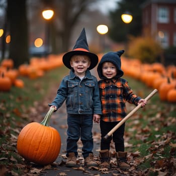 Two smiling boys in Halloween costumes standing on a street with pumpkins, street lights, and autumn decorations, capturing the spirit of trick or treating.