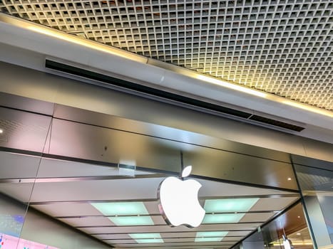 LYON, FRANCE - FEBRUARY 27, 2019: Apple store of American multinational technology company brand logo at its shop located in Lyon shopping mall France. Mobile photo