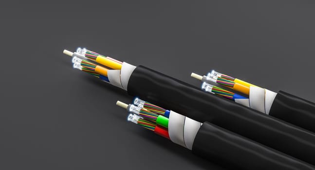3d rendering  fiber optic cables  luminous ends on dark background