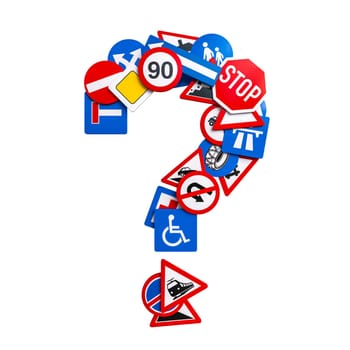 Question mark made from different road signs isolated white background 3d