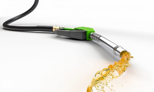 Green fuel nozzle pouring gasoline on white background 3d