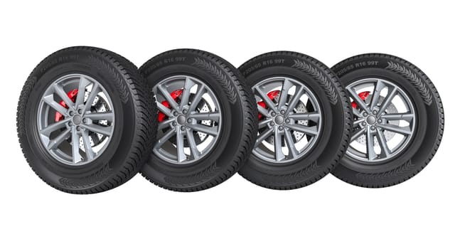Four car winter  tires  alloy wheels isolated  white background 3d