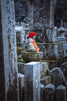 Okunoin Gobyo Small jizo statue wearing a red knit hat koya mountain