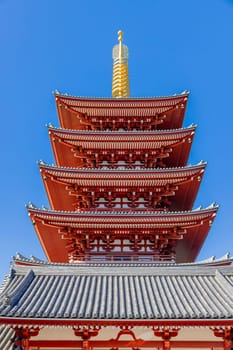 senso ji  pagoda towering over a temple roof with elaborate details, tokyo