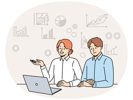 Business people are sitting at table with laptop, studying financial charts and graphs and using CRM software. Man and woman are participating in online meeting or discussing business indicators