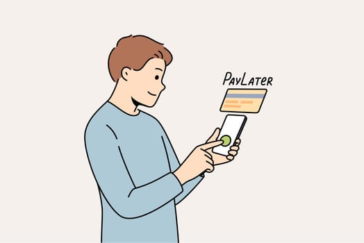 Man uses pay later function on phone while shopping online in application or ordering services. Financial technologies and banking for smartphones, with possibility of pay later to attract clients