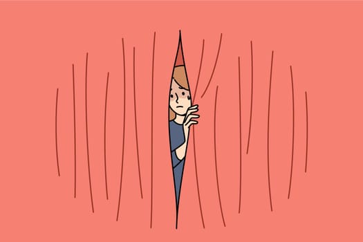 Woman experiences phobia of public speaking and looks out from behind scenes of theater to observe audience. Problem of developing phobia in girl victim of misogyny and gender discrimination at work