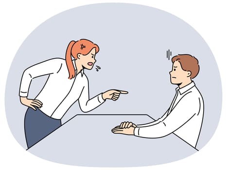 Angry woman manager scolding subordinate yelling at man who made mistake or violated deadline. Aggressive girl manager arguing with colleague sorting things out and insulting for lack of results
