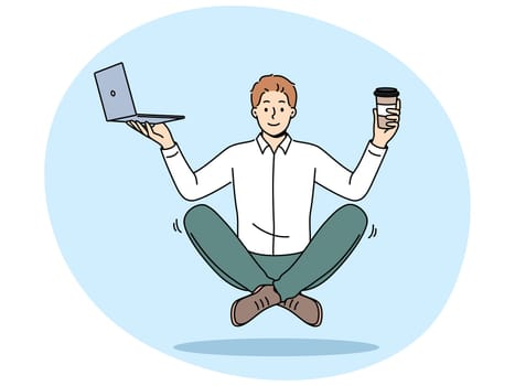 Meditating business man with laptop and coffee, floating in air sitting in lotus position. Businessman enjoys work and recommends meditation or yoga to increase productivity in business tasks