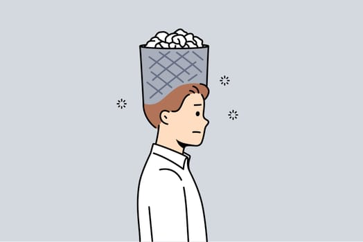 Information garbage fills head of business man who needs detox and clearing memory of unnecessary data. Information detox is required for guy to improve psychological health and avoid burnout.