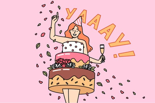 Woman dressed as birthday cake drinks champagne and tosses candy to invite you to party. Girl in eccentric festive outfit congratulates birthday boy on anniversary and offers to eat cake