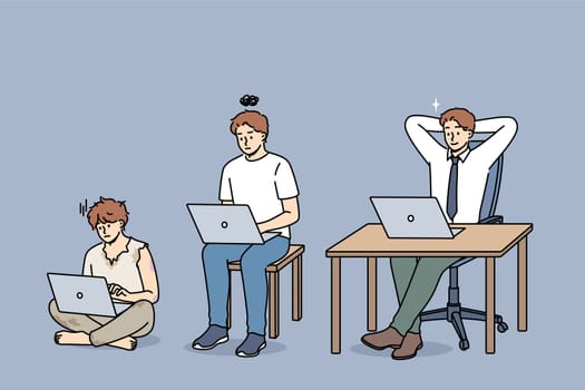 Evolution of man office clerk using laptop, gradually turning into successful manager. Primitive man with computer work hard and become happy office worker thanks to ambition and motivation