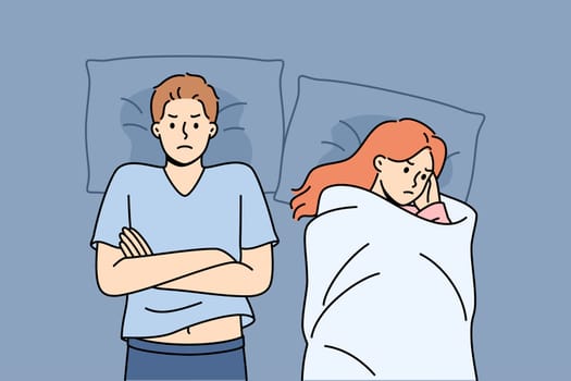 Quarreling couple lies in bed with sad emotions after unsuccessful sexual intercourse due to impotence. Problem of developing phobia in girl who is victim of misogyny and gender discrimination at work