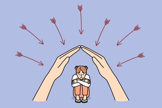 Mother hands protect little daughter from dangers and arrows, for concept of maternal philanthropy. Maternal care for children and readiness for self-sacrifice in process of education