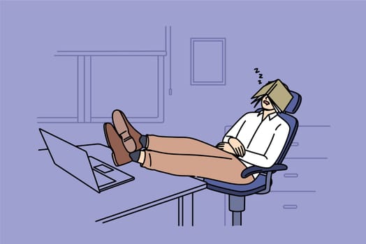 Man sleeps sitting in office and with legs on table, covering face with diary, demonstrating laziness. Lazy clerk sleeping at workplace due to lack of motivation and kpi indicators in corporation