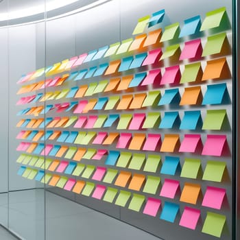 Glass wall full of colorful sticky notes in modern office. creativity, organization, brainstorming, agile, scrum business concept