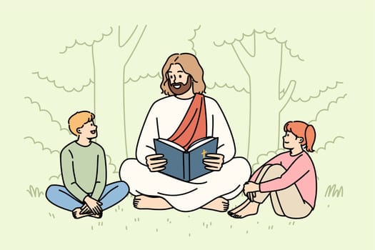Jesus christ reads bible to little children sitting in park, talking about christian religion. Concept of christian education for pre-teen kids, and study of gospel and sacred commandments