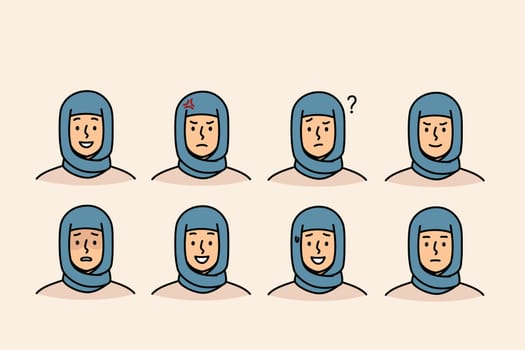 Woman in hijab demonstrates different emotions and moods by making happy or sad grimace. Set of girls in islamic headscarf with various emotions caused by positive or negative thinking