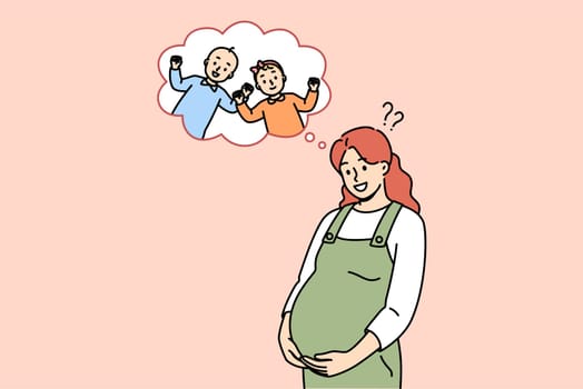 Pregnant mother is waiting for birth of twins from boy and girl, and smiles holding tummy. Cheerful pregnant lady dreams of future boy or girl, thinking about gender of unborn child