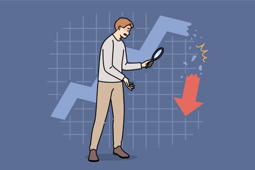 Collapse stock market is seen by man invested money, standing near collapsing financial chart. Crisis in stock market and sharp stop in growth or beginning of decline in prices for stocks and bonds