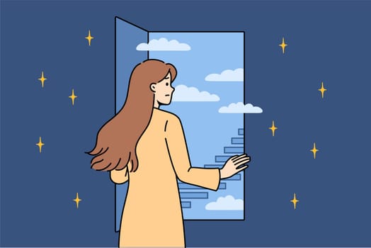 Woman experiences fear of future seeing at bright staircase in sky and is afraid to come out of darkness. Indecisive young girl needs ambition and motivation to overcome fear of future.