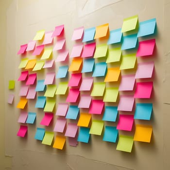 Vibrant sticky notes in various colors on a wall. creativity, organization, brainstorming, chaotic productivity. business concept - agile - project management