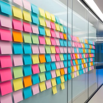 Glass wall full of colorful sticky notes in modern office. creativity, organization, brainstorming, agile, scrum business concept