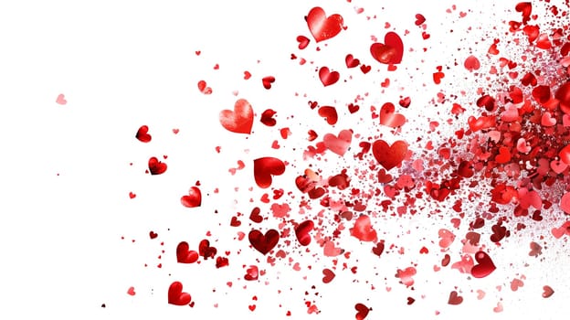 Red hearts explosion cloud, vibrant color confetti splash, love and emotion, heart particles, valentine day, isolated white background