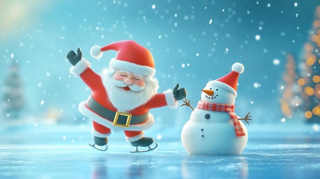 Santa Claus is iceskating with snowman on the frozen lake, winter holiday season, christmas greeting card