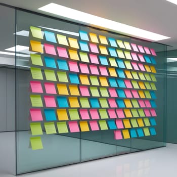 Glass wall full of colorful sticky notes in modern office. creativity, organization, brainstorming, agile, scrum business concept